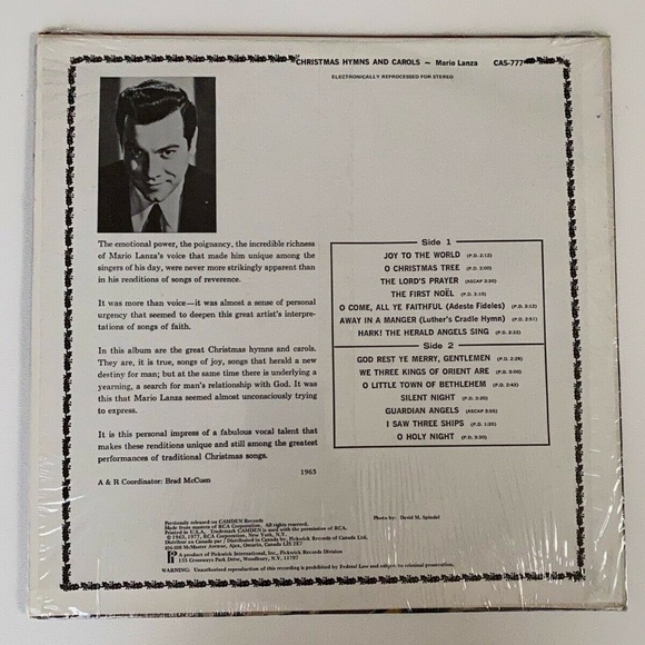 Mario Lanza's "Christmas Hymns and Carols" vinyl record on Pickwick records CAS- - Picture 2 of 3